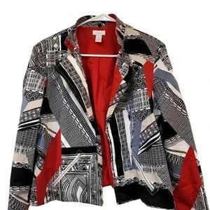 Chico's Women's Red/White/Black Cotton Blend Geometric Print Open Front Lined Ja